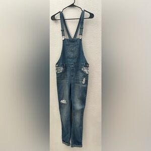 Justice Girls Distressed Light Blue Denim Overalls with Lace Accents